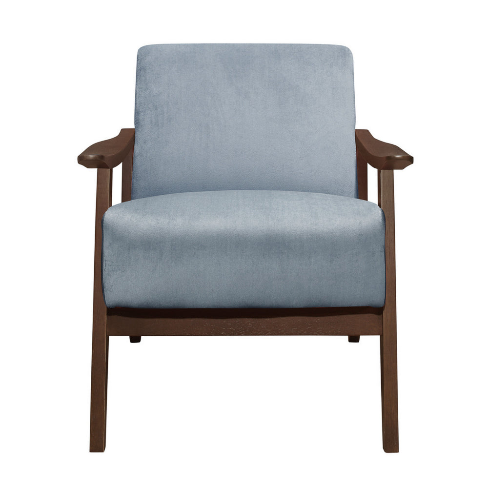 Benjara Rica 32 Inch Accent Armchair, Curved, Soft Blue Velvet, Brown Solid Wood