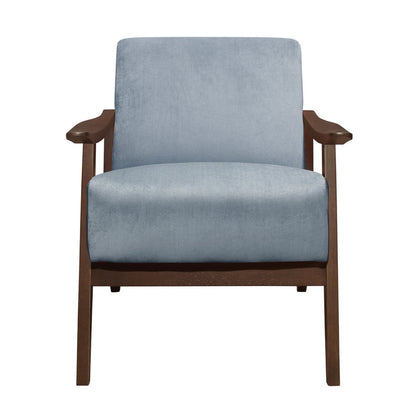 Benjara Rica 32 Inch Accent Armchair, Curved, Soft Blue Velvet, Brown Solid Wood