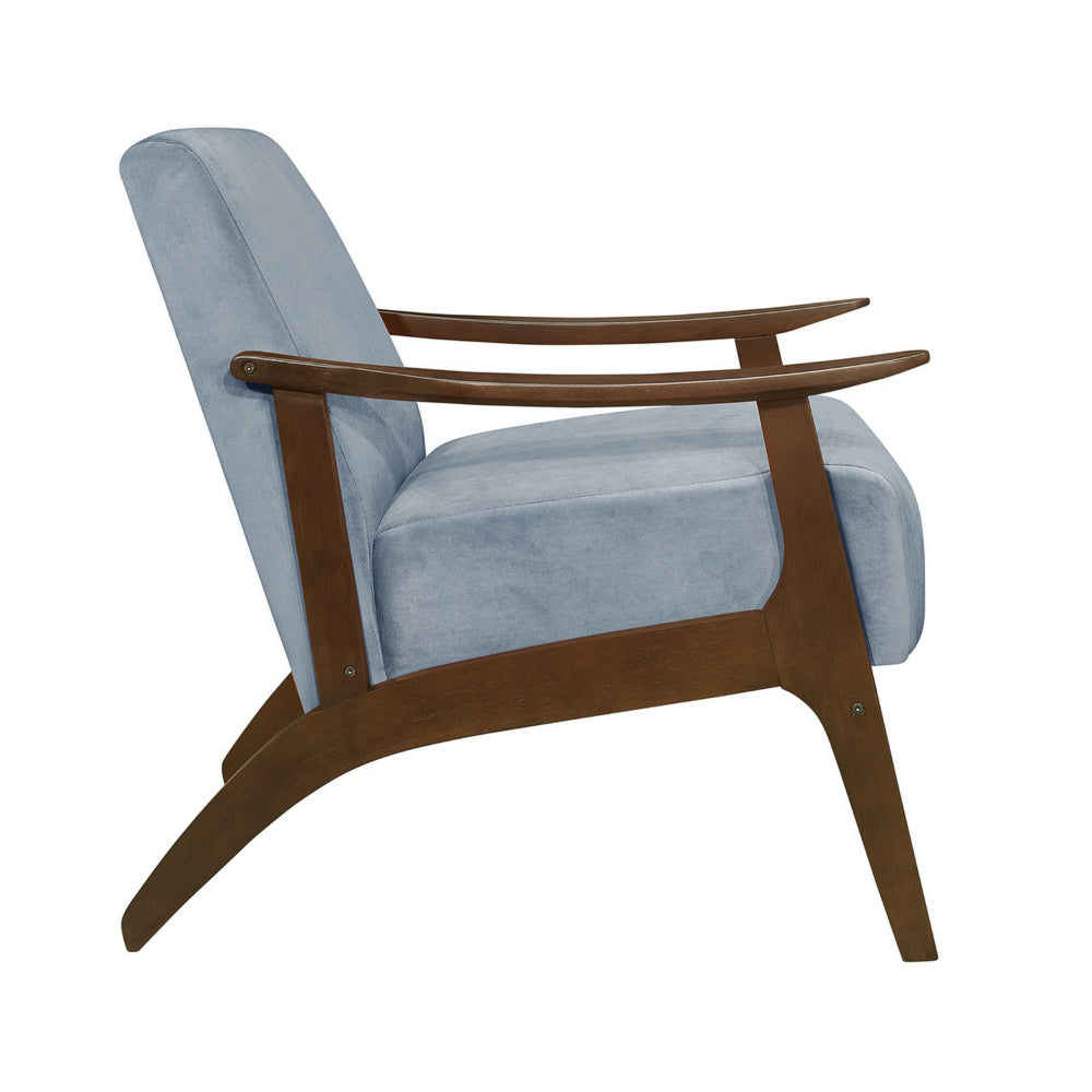 Benjara Rica 32 Inch Accent Armchair, Curved, Soft Blue Velvet, Brown Solid Wood