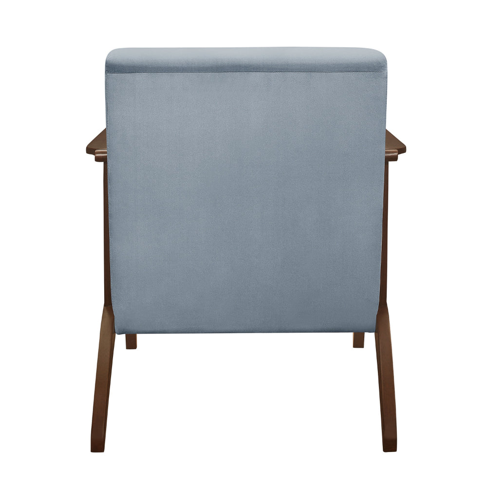 Benjara Rica 32 Inch Accent Armchair, Curved, Soft Blue Velvet, Brown Solid Wood