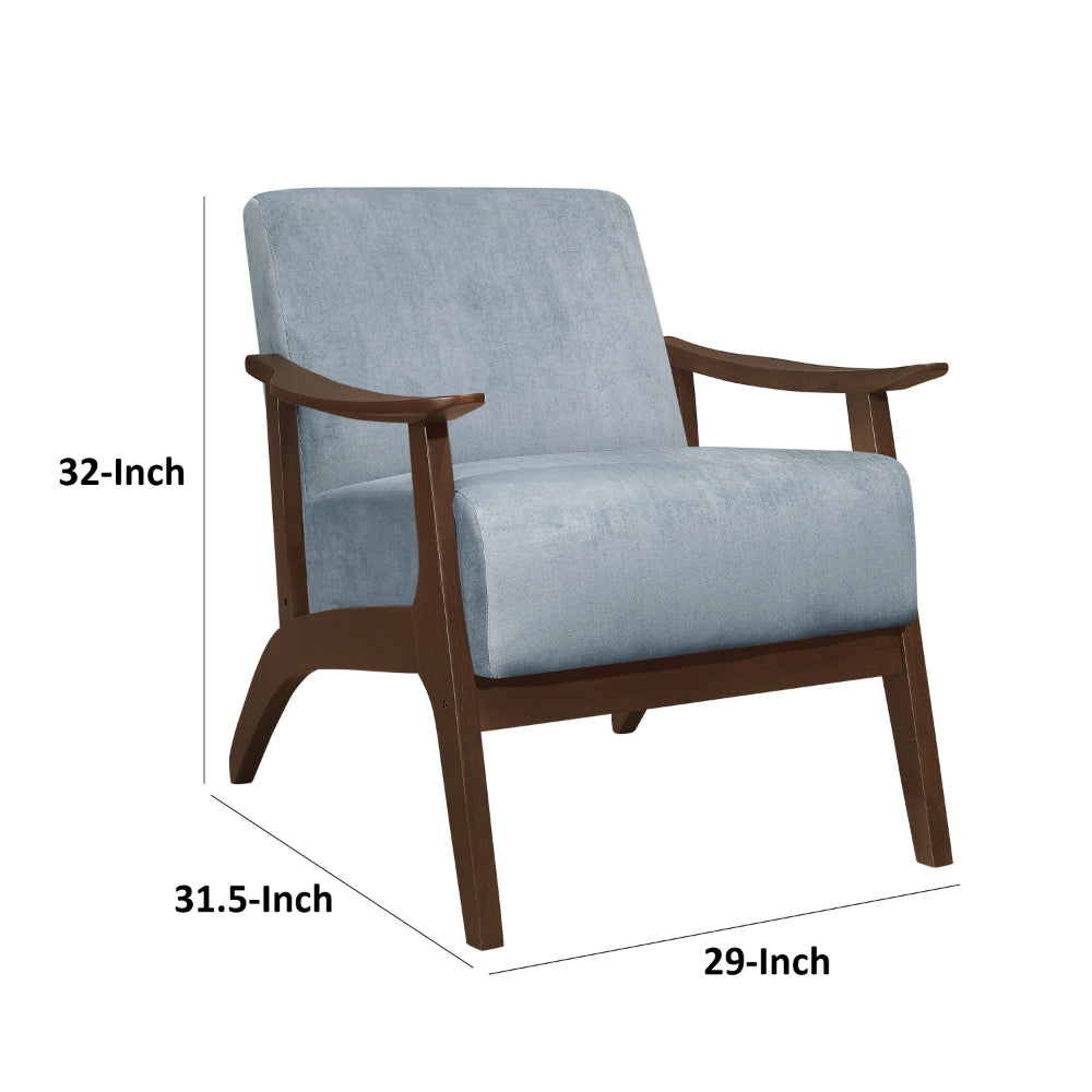 Benjara Rica 32 Inch Accent Armchair, Curved, Soft Blue Velvet, Brown Solid Wood