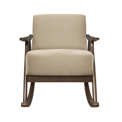 Benjara Tim 37 Inch Rocking Armchair, Beige Polyester, Walnut Brown Solid Wood