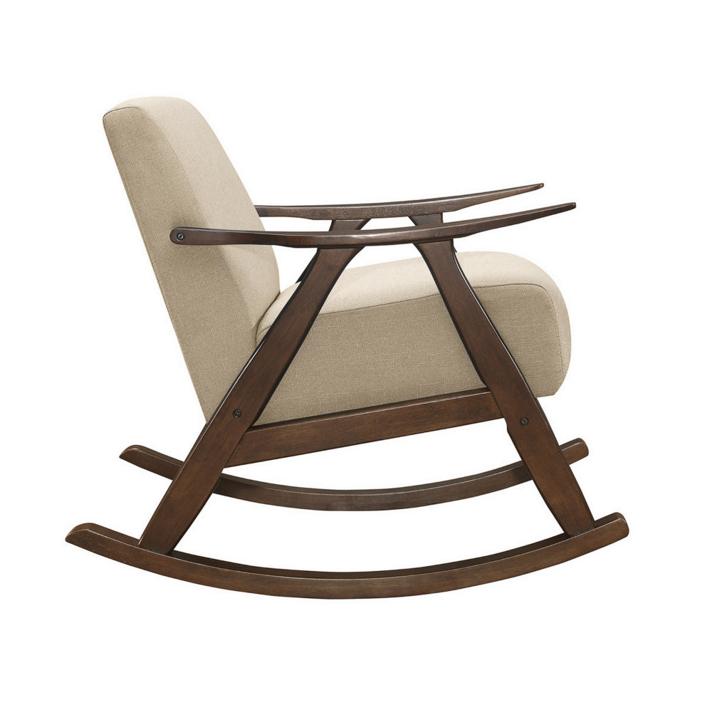 Benjara Tim 37 Inch Rocking Armchair, Beige Polyester, Walnut Brown Solid Wood