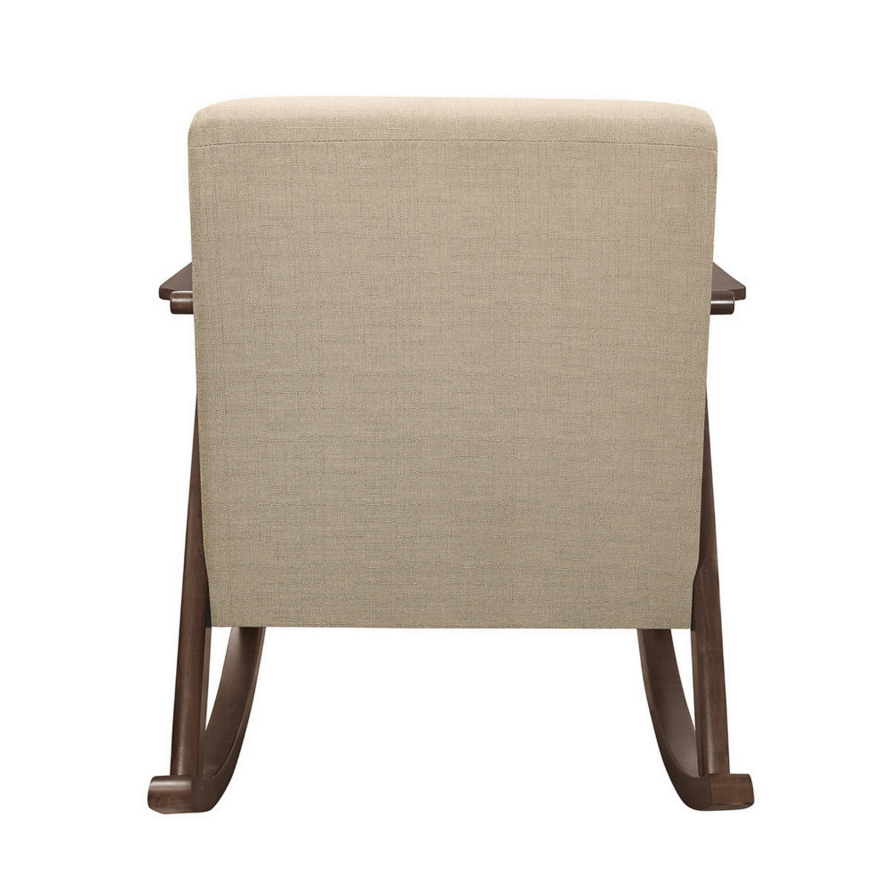 Benjara Tim 37 Inch Rocking Armchair, Beige Polyester, Walnut Brown Solid Wood