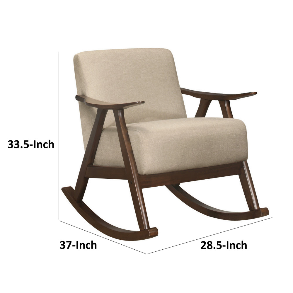 Benjara Tim 37 Inch Rocking Armchair, Beige Polyester, Walnut Brown Solid Wood