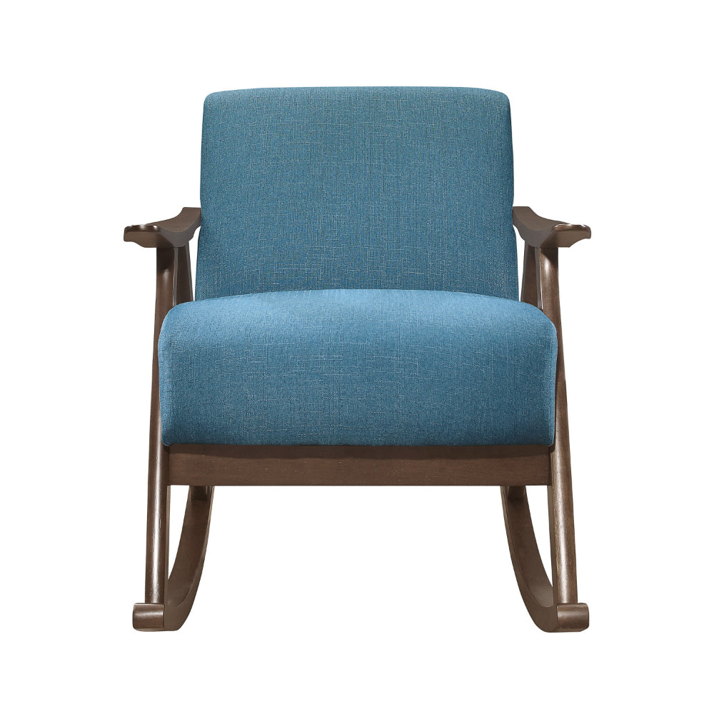 Benjara Tim 37 Inch Rocking Armchair, Blue Polyester, Walnut Brown Solid Wood