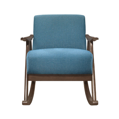 Benjara Tim 37 Inch Rocking Armchair, Blue Polyester, Walnut Brown Solid Wood