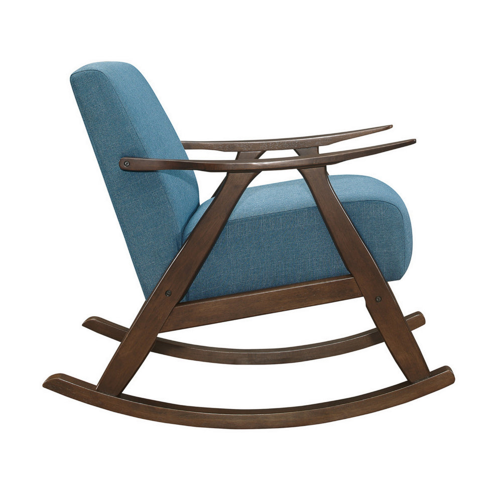 Benjara Tim 37 Inch Rocking Armchair, Blue Polyester, Walnut Brown Solid Wood
