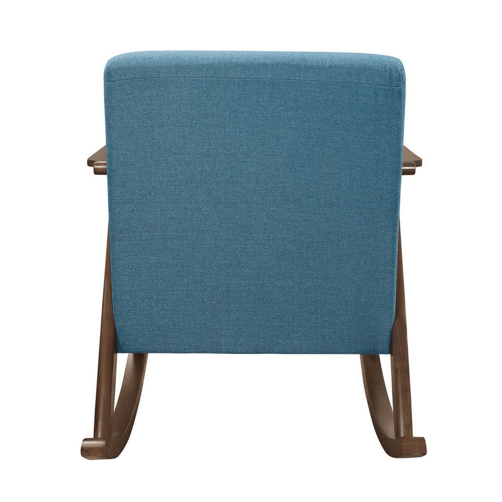 Benjara Tim 37 Inch Rocking Armchair, Blue Polyester, Walnut Brown Solid Wood
