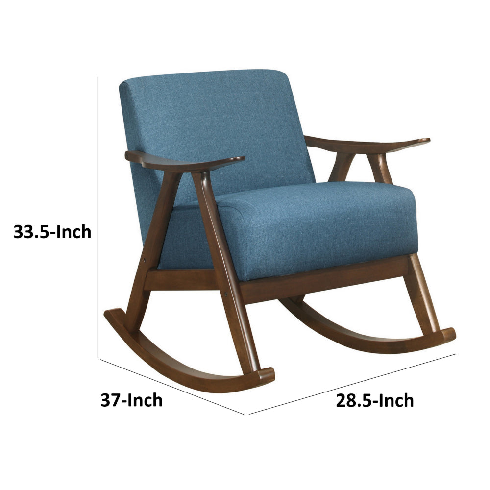 Benjara Tim 37 Inch Rocking Armchair, Blue Polyester, Walnut Brown Solid Wood