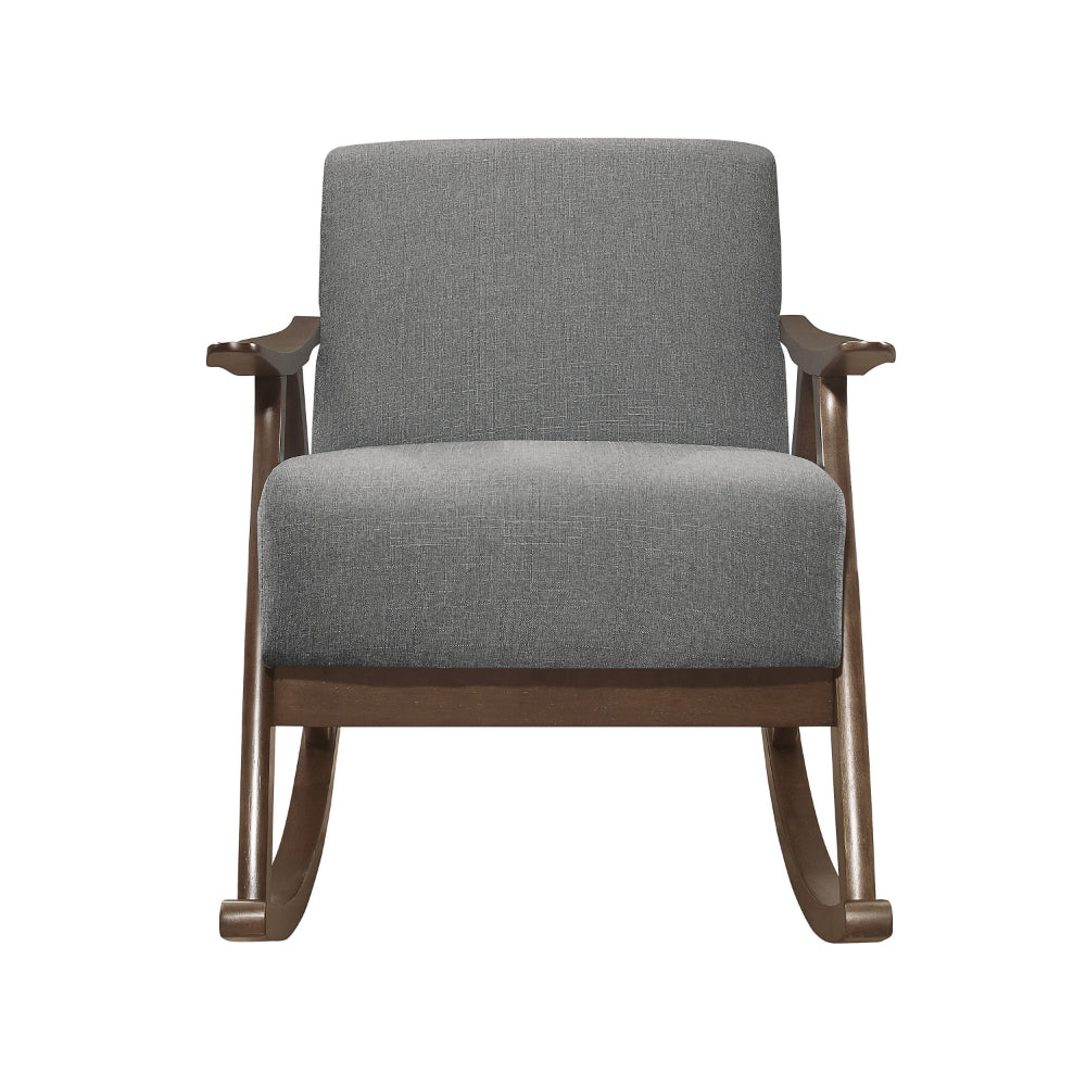 Benjara Tim 37 Inch Rocking Armchair, Gray Polyester, Walnut Brown Solid Wood