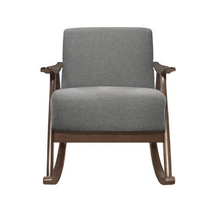 Benjara Tim 37 Inch Rocking Armchair, Gray Polyester, Walnut Brown Solid Wood
