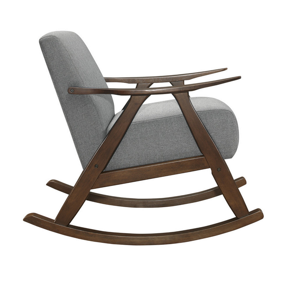 Benjara Tim 37 Inch Rocking Armchair, Gray Polyester, Walnut Brown Solid Wood