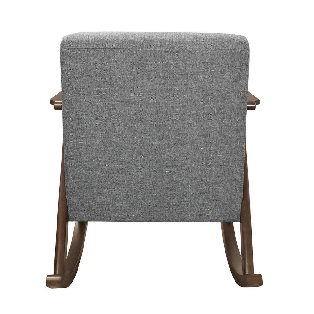 Benjara Tim 37 Inch Rocking Armchair, Gray Polyester, Walnut Brown Solid Wood