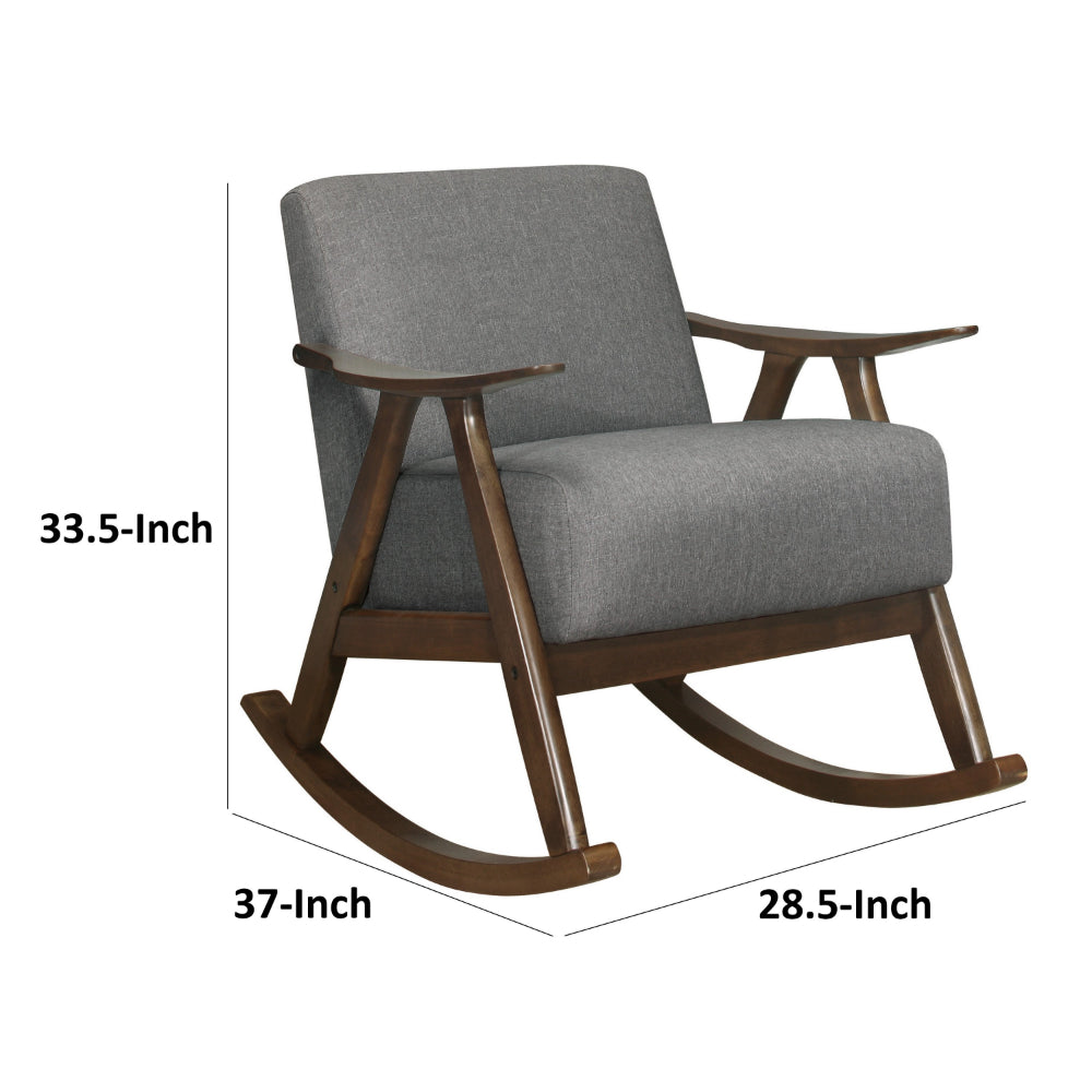 Benjara Tim 37 Inch Rocking Armchair, Gray Polyester, Walnut Brown Solid Wood
