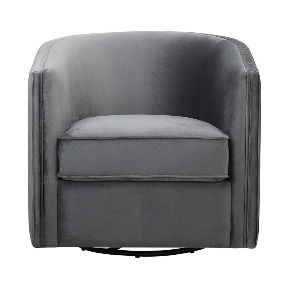 Benjara 31 Inch Swivel Accent Chair, Soft Gray Velvet, Round Solid Wood Frame