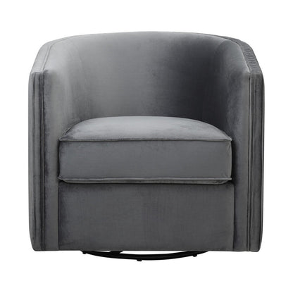 Benjara 31 Inch Swivel Accent Chair, Soft Gray Velvet, Round Solid Wood Frame