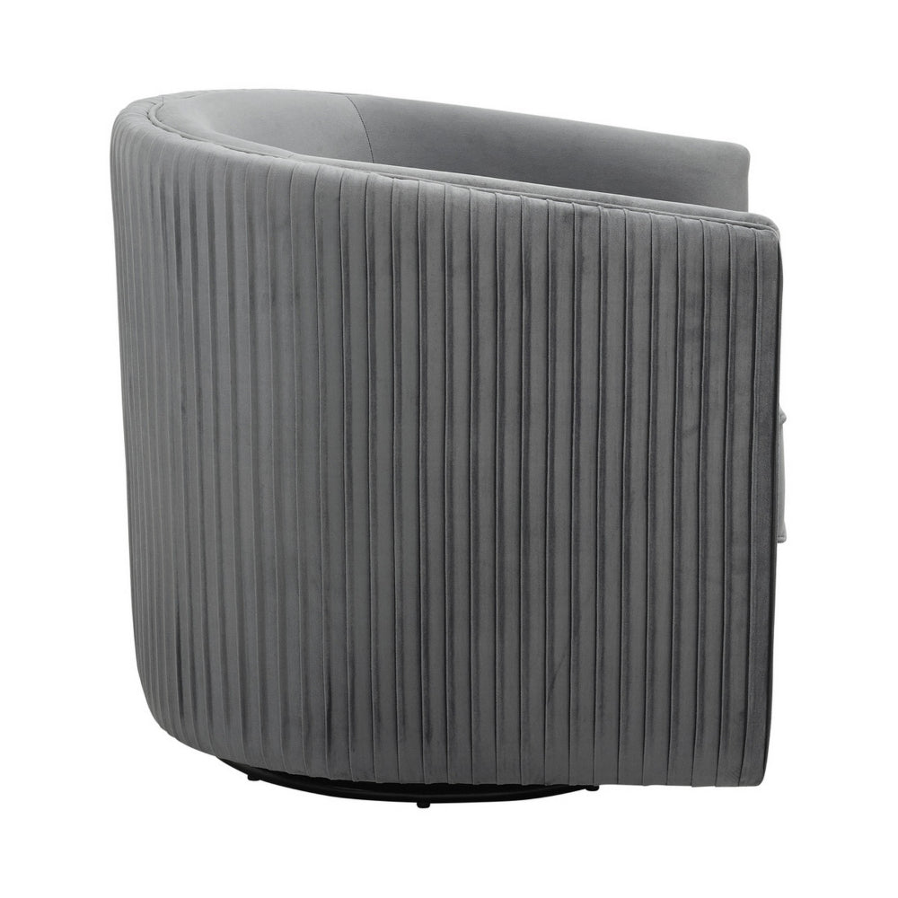 Benjara 31 Inch Swivel Accent Chair, Soft Gray Velvet, Round Solid Wood Frame