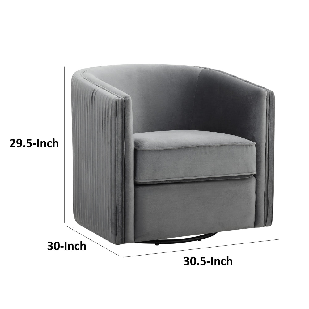 Benjara 31 Inch Swivel Accent Chair, Soft Gray Velvet, Round Solid Wood Frame