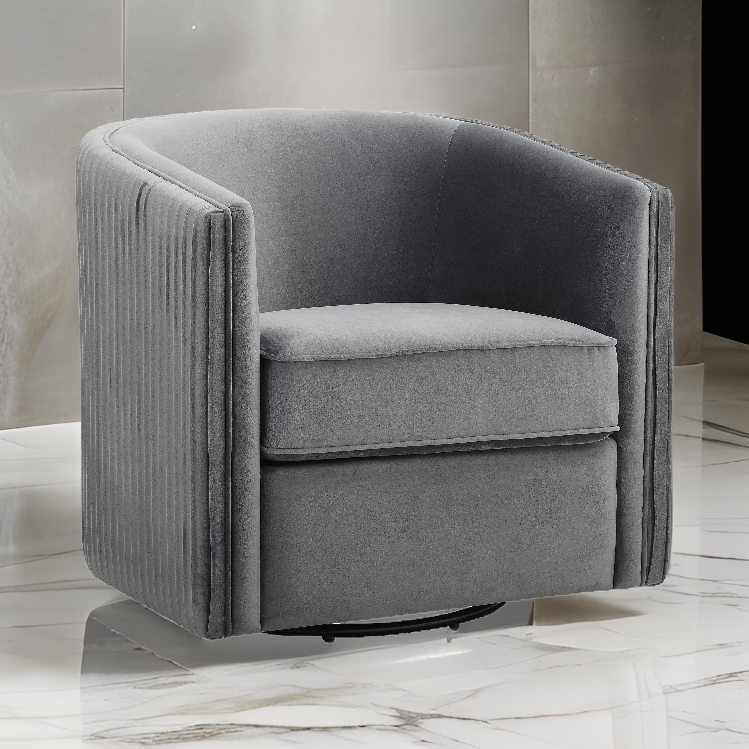 Benjara 31 Inch Swivel Accent Chair, Soft Gray Velvet, Round Solid Wood Frame