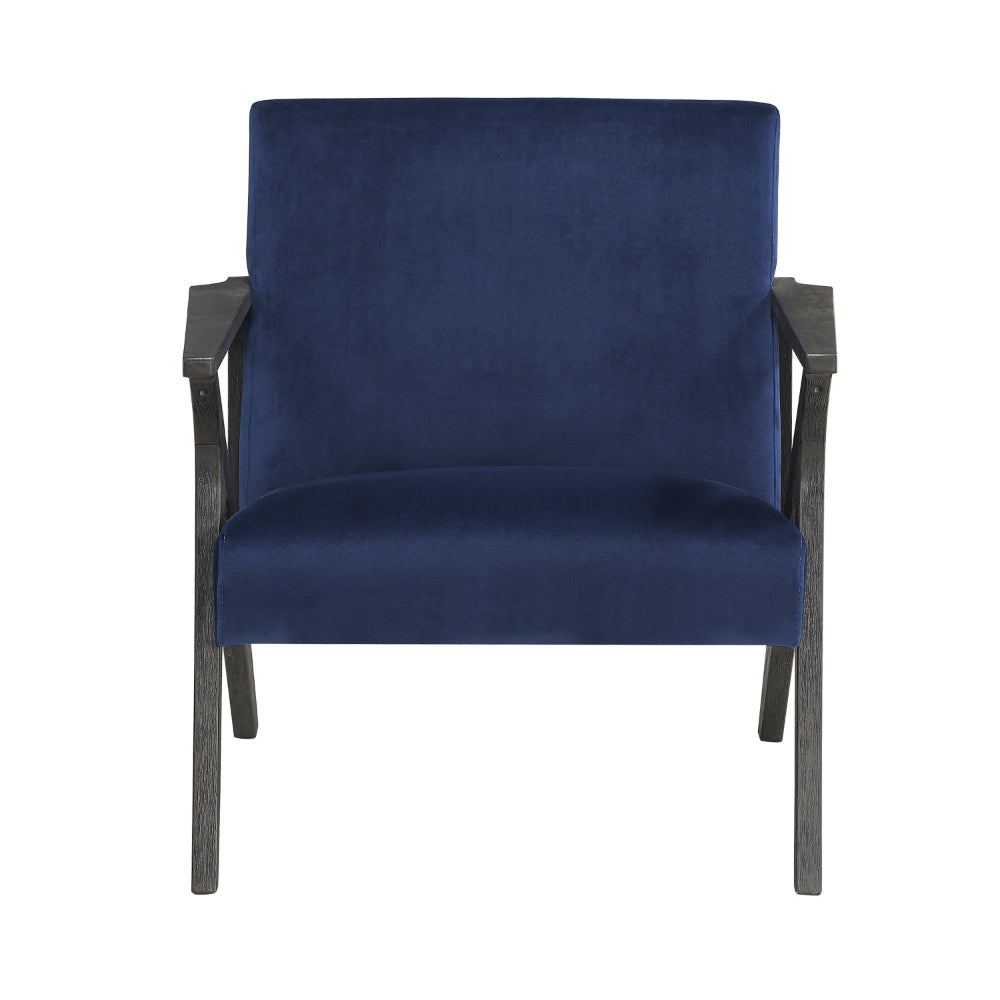 Benjara Esme 35 Inch Accent Chair Wood Armchair, Blue Velvet Cushioned Seat, Gray