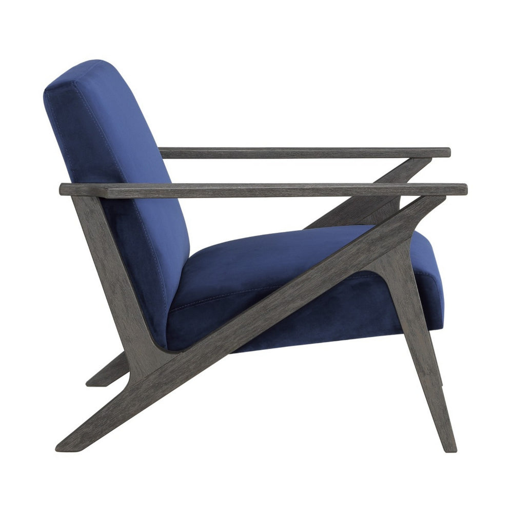 Benjara Esme 35 Inch Accent Chair Wood Armchair, Blue Velvet Cushioned Seat, Gray