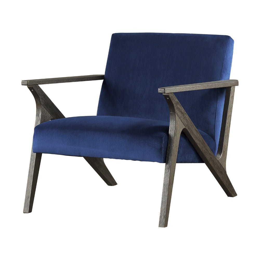 Benjara Esme 35 Inch Accent Chair Wood Armchair, Blue Velvet Cushioned Seat, Gray