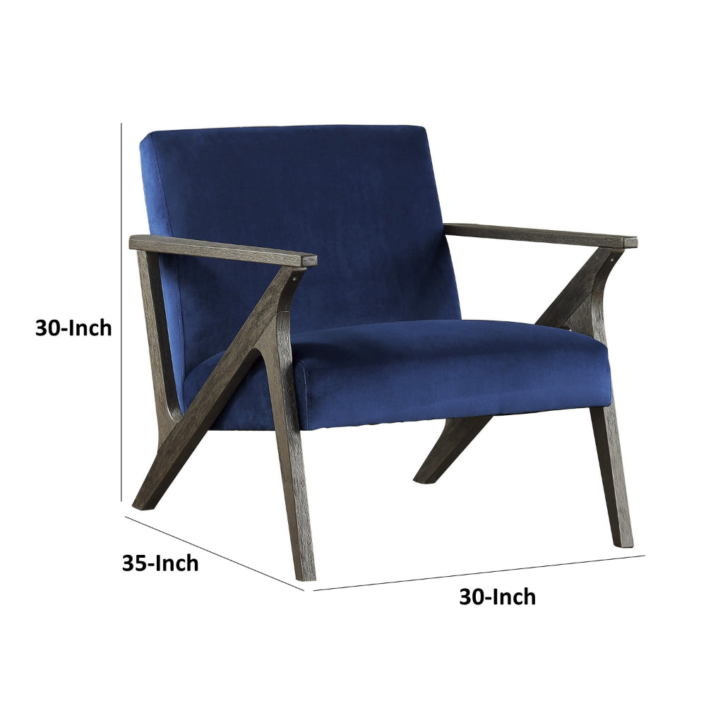 Benjara Esme 35 Inch Accent Chair Wood Armchair, Blue Velvet Cushioned Seat, Gray