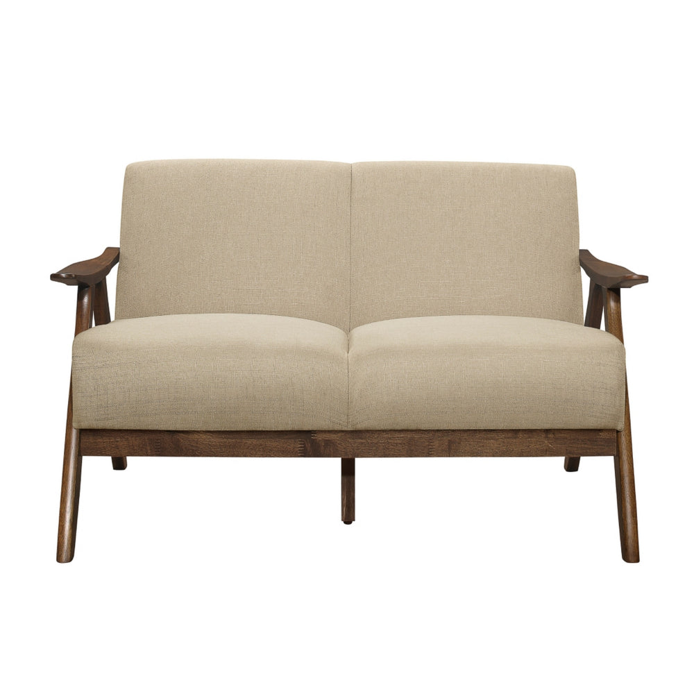 Benjara Indy 51 Inch Loveseat, Brown Rubberwood Angled Frame, Textured Beige Fabric