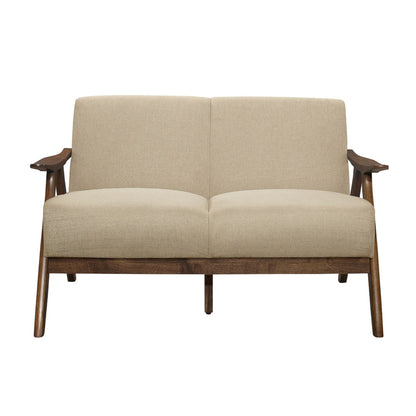 Benjara Indy 51 Inch Loveseat, Brown Rubberwood Angled Frame, Textured Beige Fabric