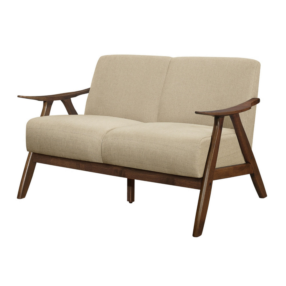 Benjara Indy 51 Inch Loveseat, Brown Rubberwood Angled Frame, Textured Beige Fabric