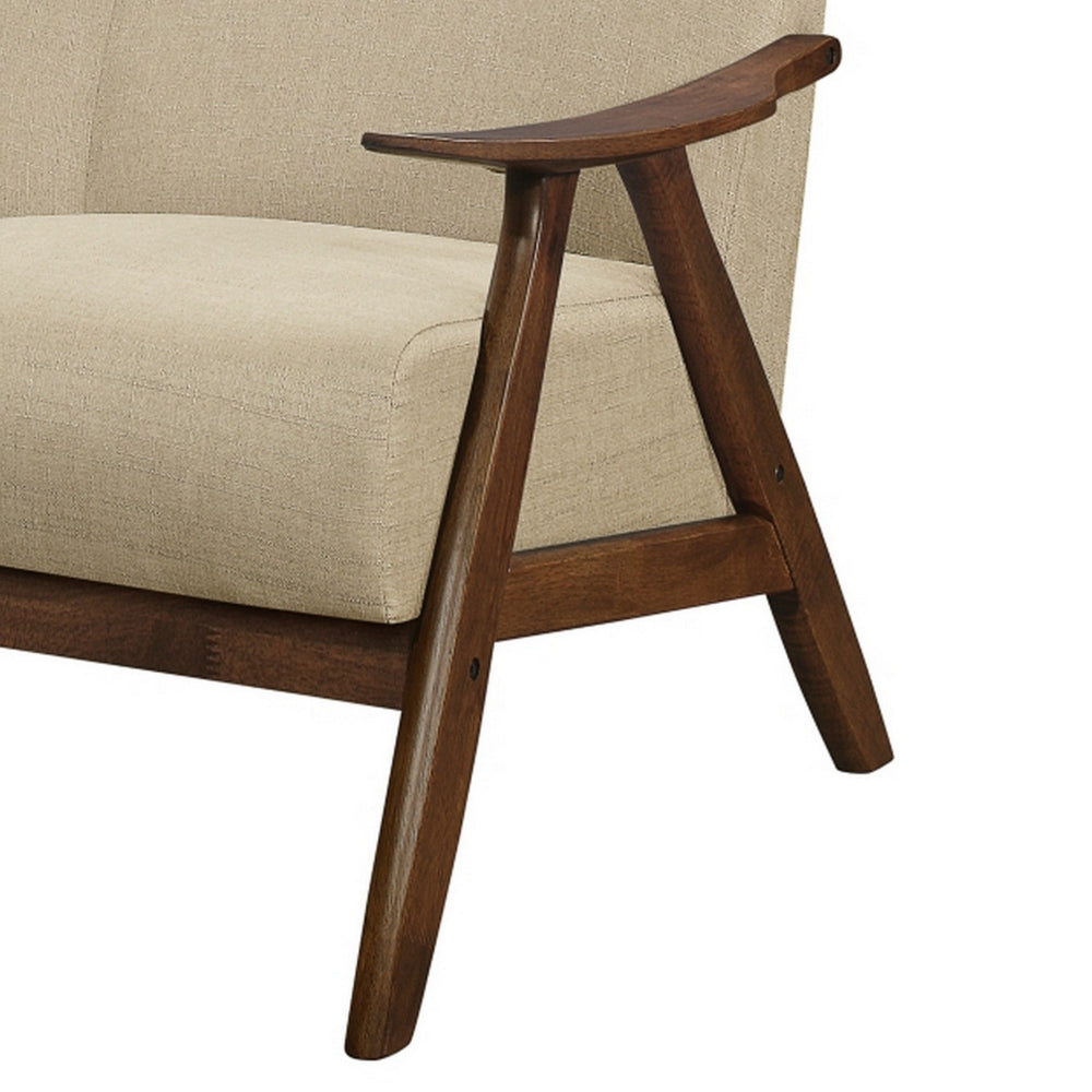 Benjara Indy 51 Inch Loveseat, Brown Rubberwood Angled Frame, Textured Beige Fabric