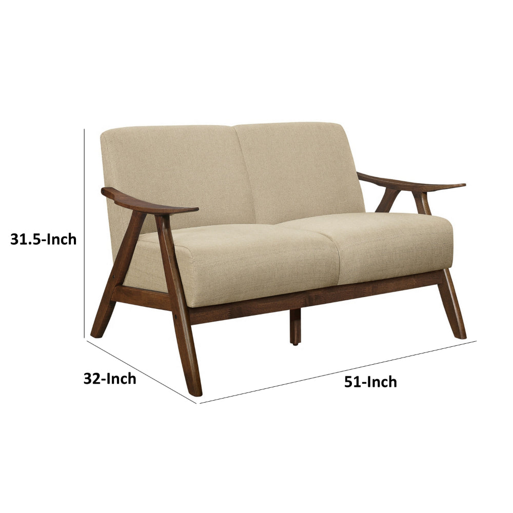 Benjara Indy 51 Inch Loveseat, Brown Rubberwood Angled Frame, Textured Beige Fabric