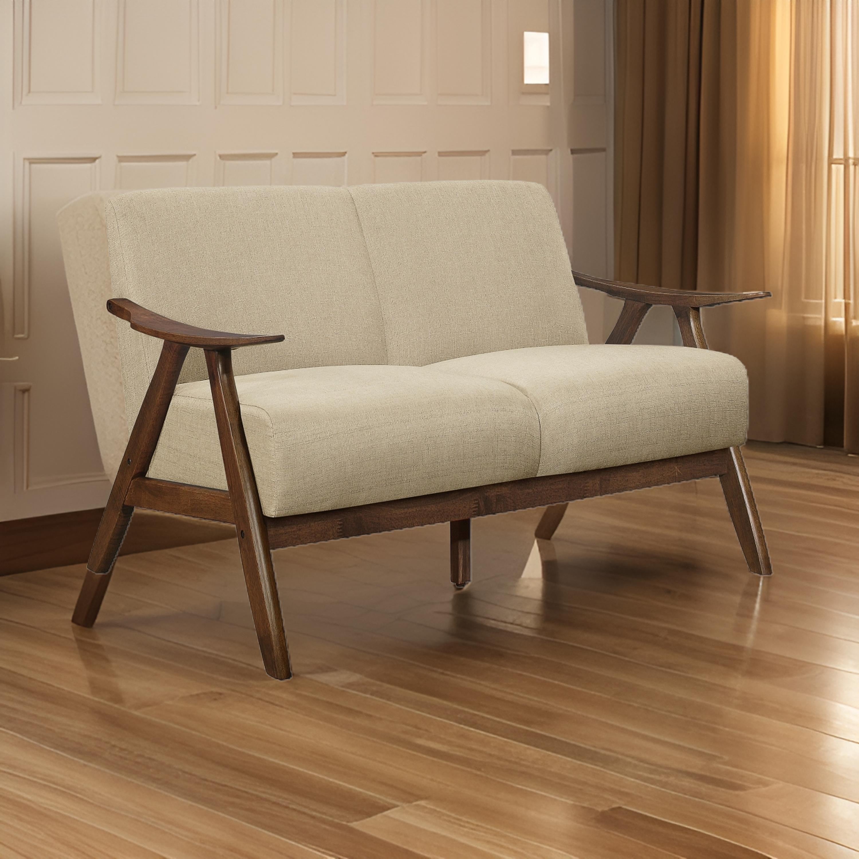 Benjara Indy 51 Inch Loveseat, Brown Rubberwood Angled Frame, Textured Beige Fabric