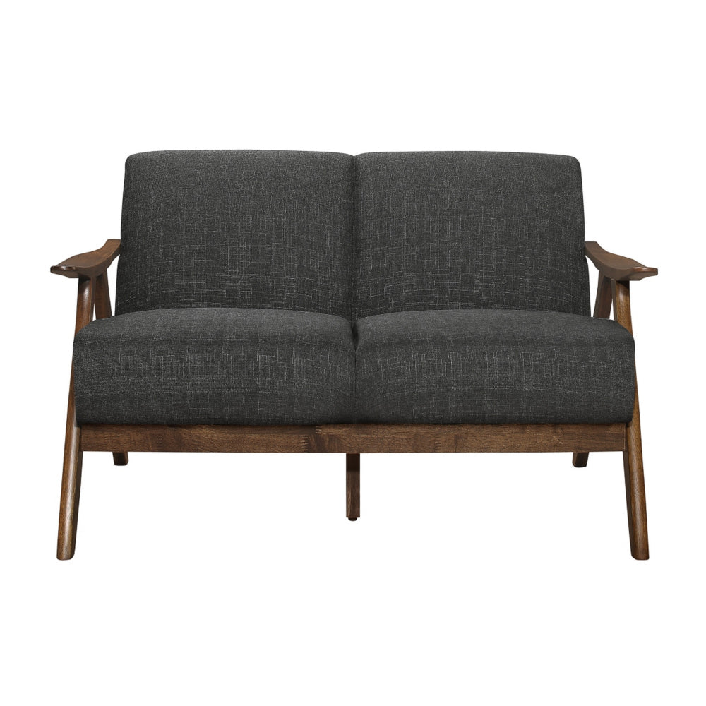 Benjara Indy 51 Inch Loveseat, Brown Rubberwood Angled Frame, Textured Gray Fabric