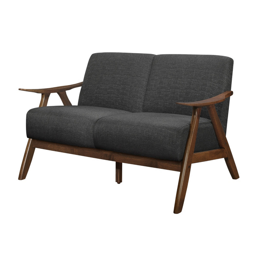 Benjara Indy 51 Inch Loveseat, Brown Rubberwood Angled Frame, Textured Gray Fabric