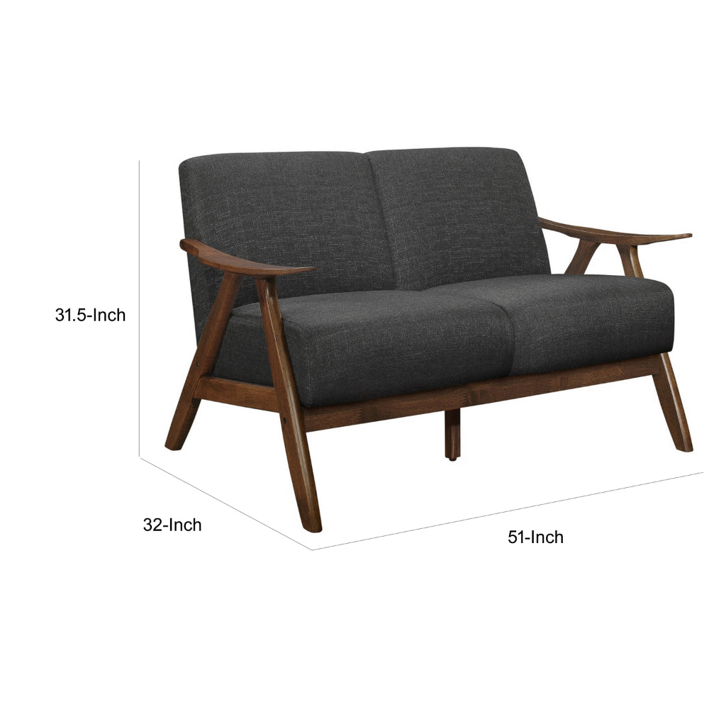 Benjara Indy 51 Inch Loveseat, Brown Rubberwood Angled Frame, Textured Gray Fabric
