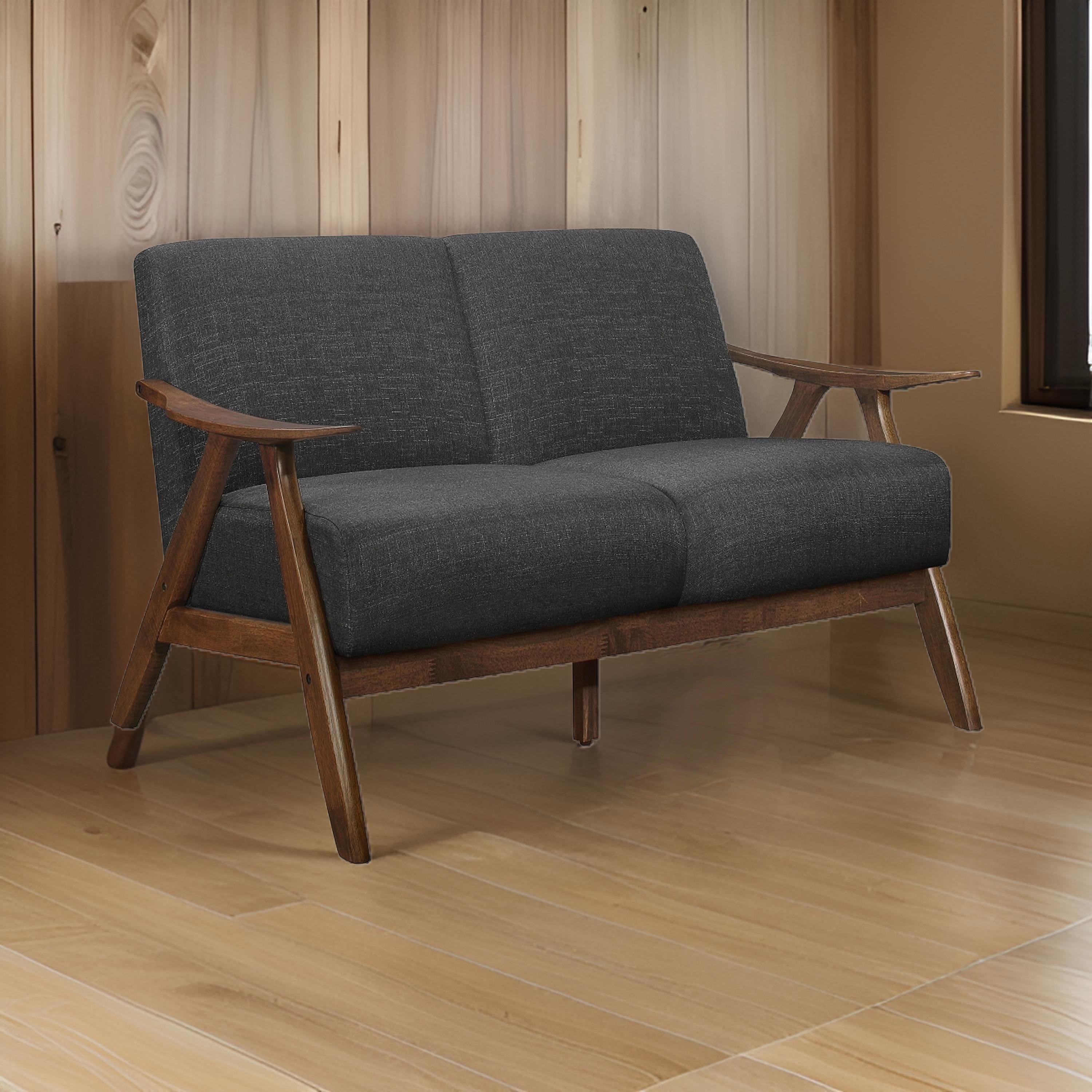 Benjara Indy 51 Inch Loveseat, Brown Rubberwood Angled Frame, Textured Gray Fabric