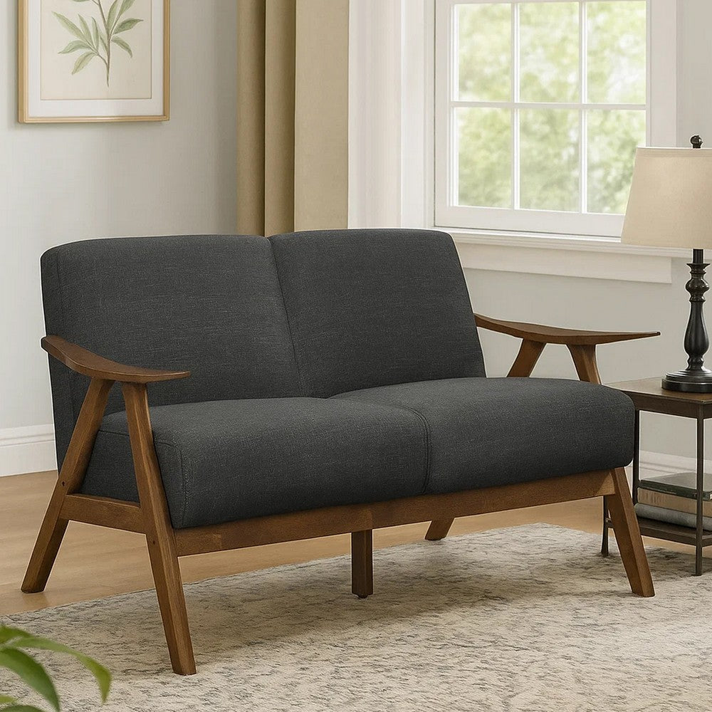 Benjara Indy 51 Inch Loveseat, Brown Rubberwood Angled Frame, Textured Gray Fabric