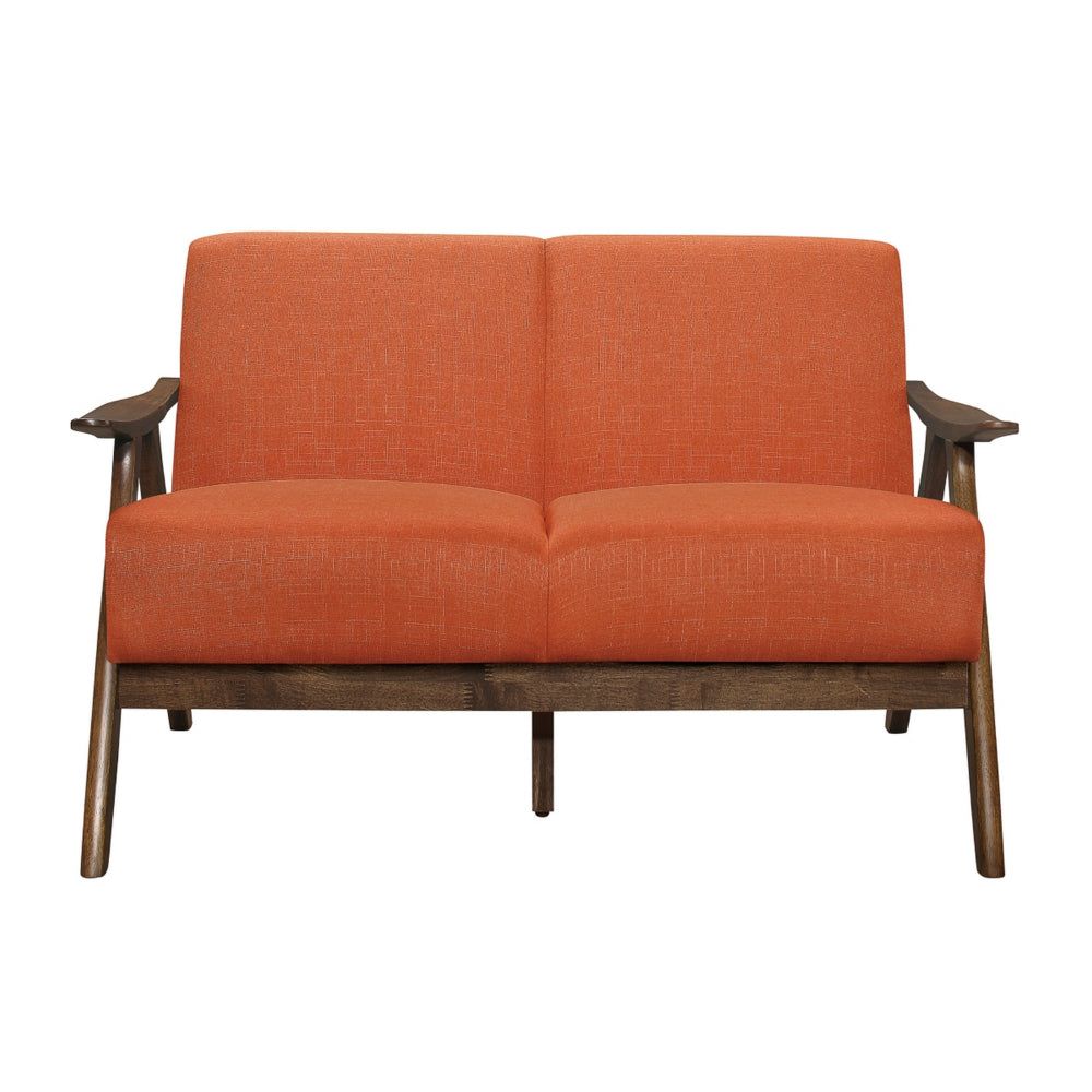 Benjara Indy 51 Inch Loveseat, Brown Wood Angled Frame, Textured Orange Fabric