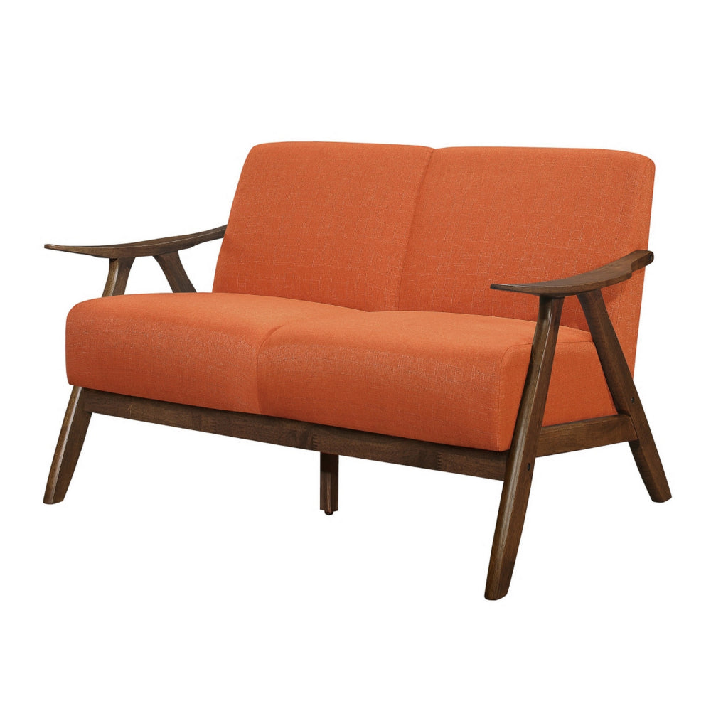 Benjara Indy 51 Inch Loveseat, Brown Wood Angled Frame, Textured Orange Fabric