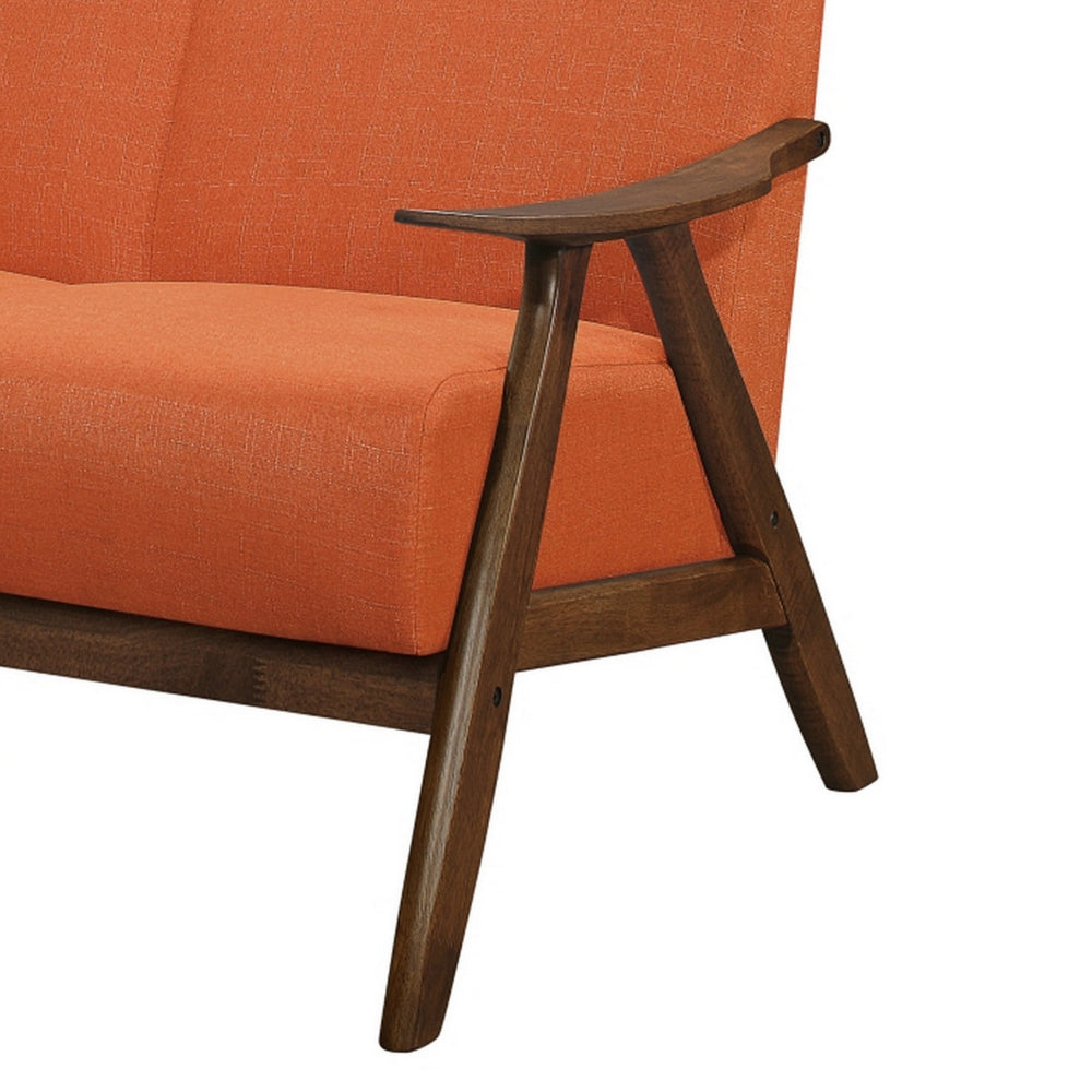 Benjara Indy 51 Inch Loveseat, Brown Wood Angled Frame, Textured Orange Fabric