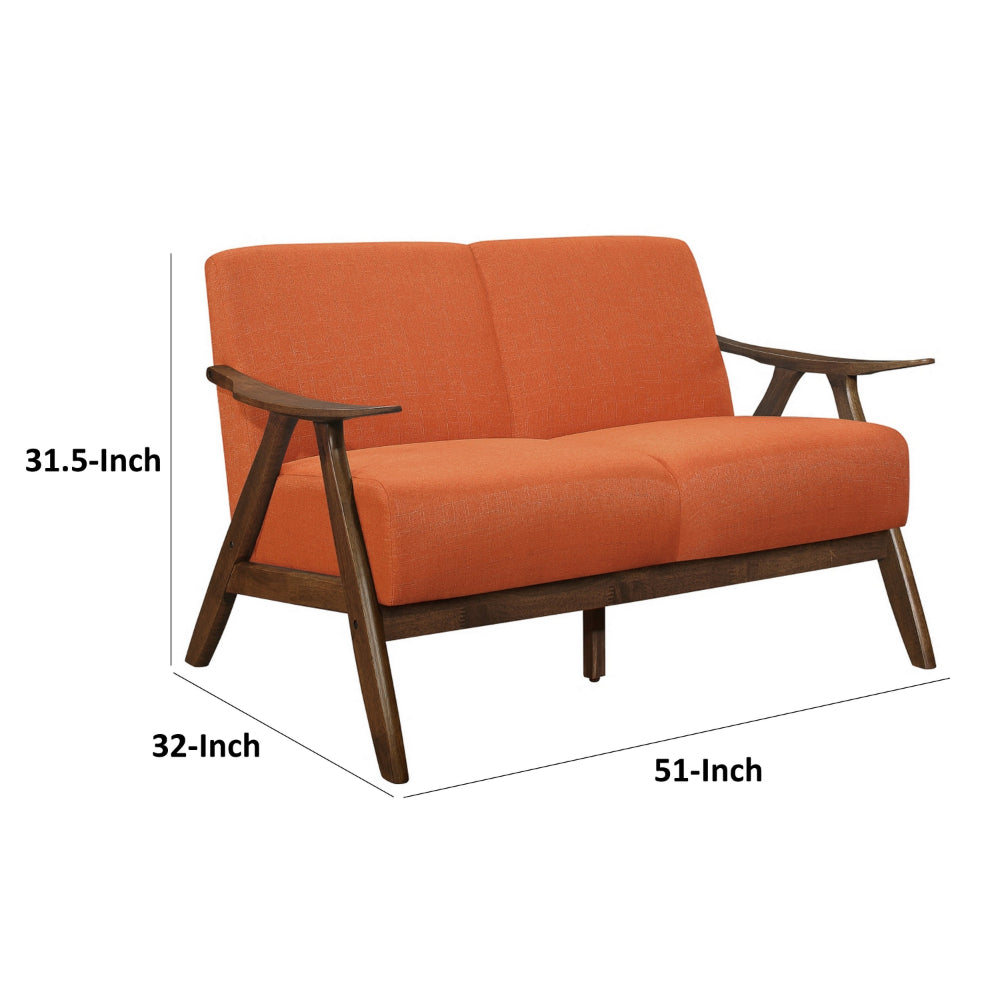 Benjara Indy 51 Inch Loveseat, Brown Wood Angled Frame, Textured Orange Fabric
