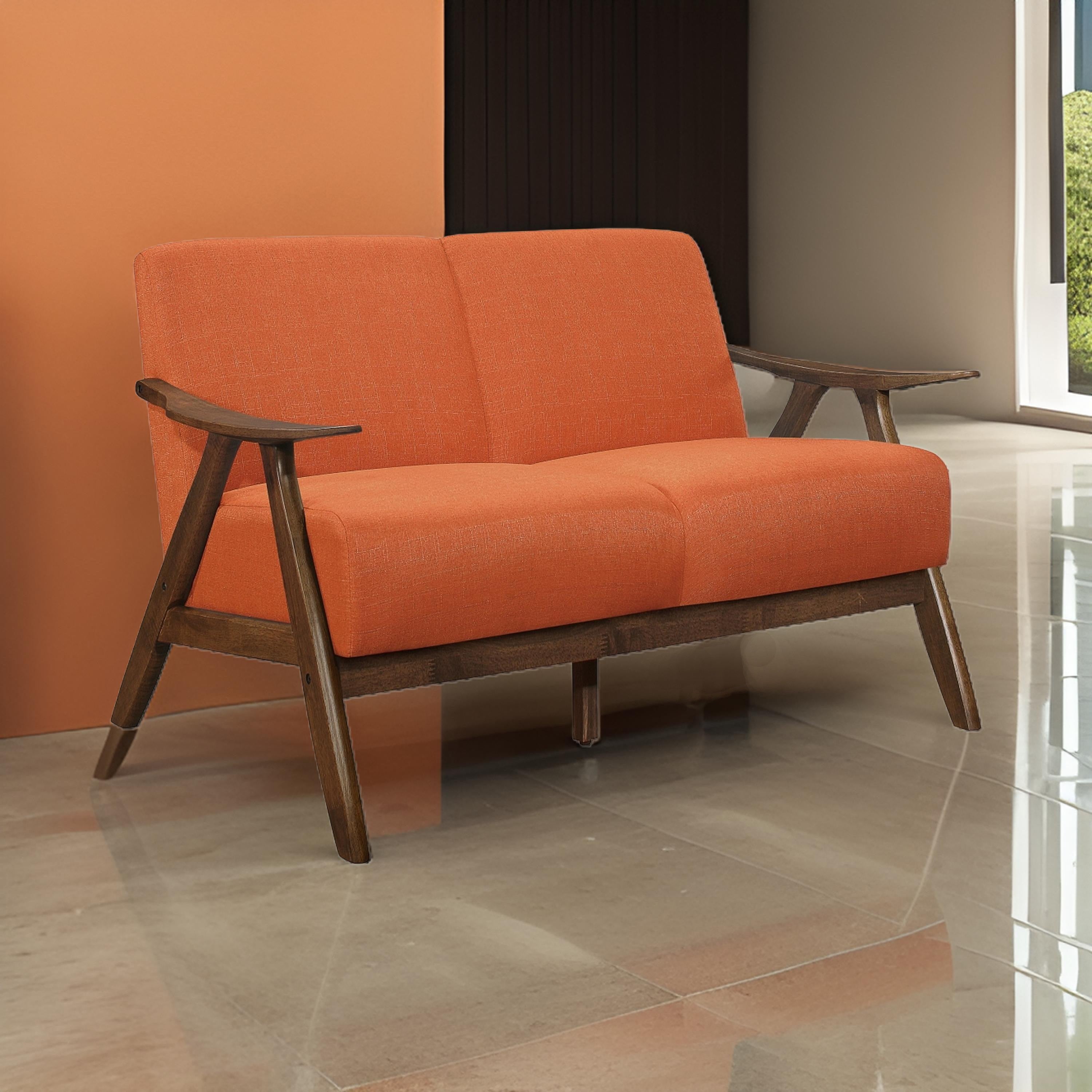 Benjara Indy 51 Inch Loveseat, Brown Wood Angled Frame, Textured Orange Fabric