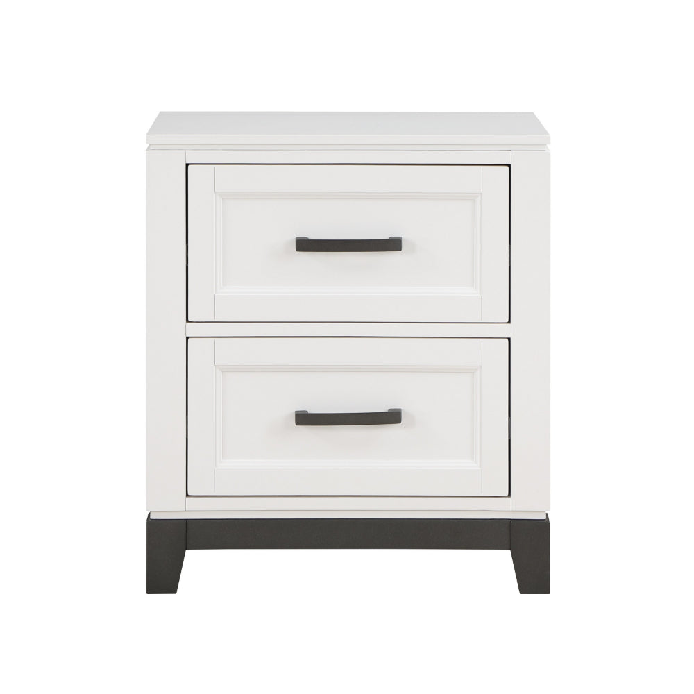 Benjara Thiem 28 Inch Nightstand with 2 Drawers, Black Handles, White Wood Finish