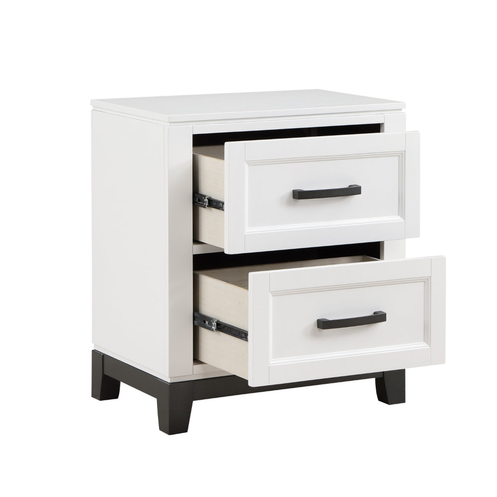 Benjara Thiem 28 Inch Nightstand with 2 Drawers, Black Handles, White Wood Finish