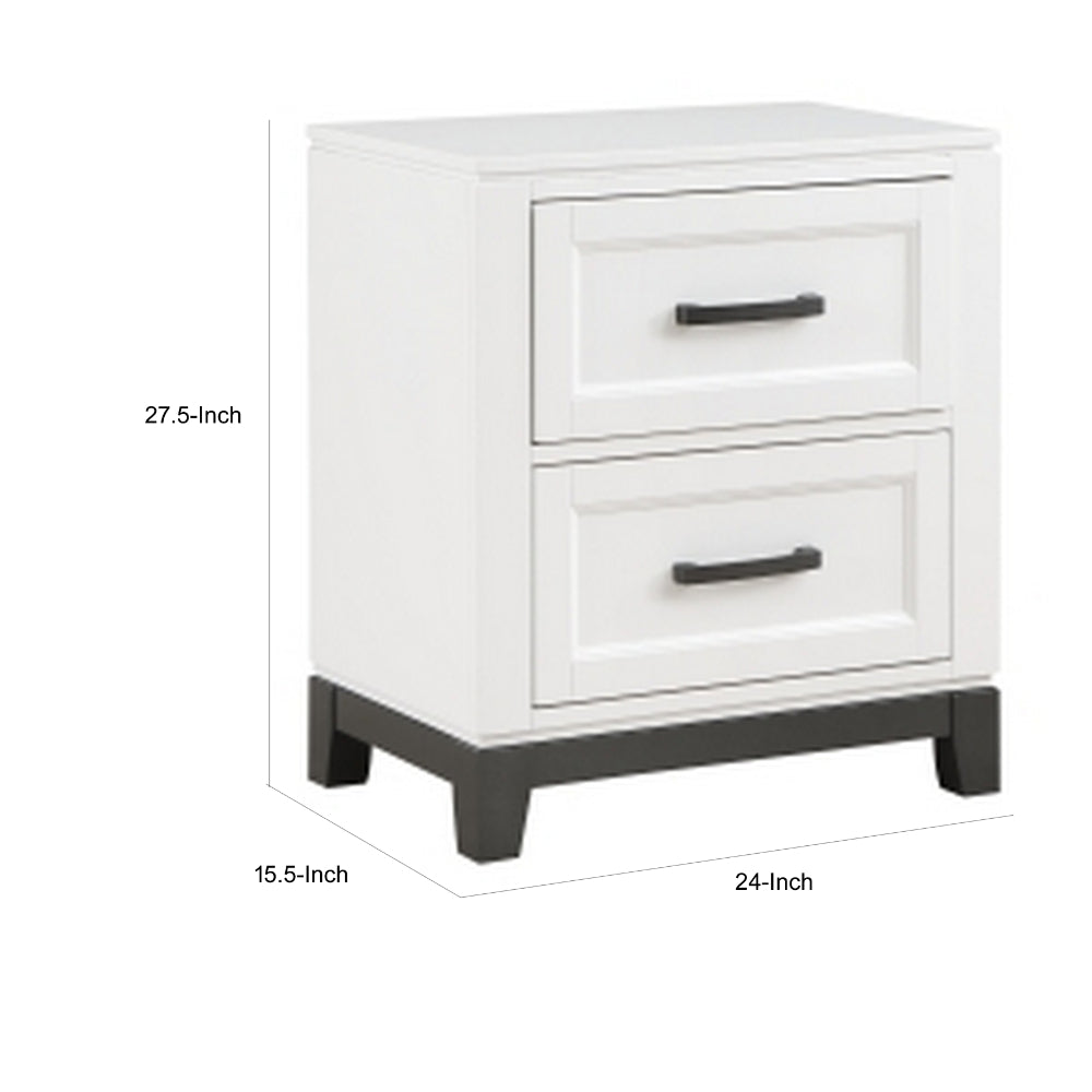 Benjara Thiem 28 Inch Nightstand with 2 Drawers, Black Handles, White Wood Finish