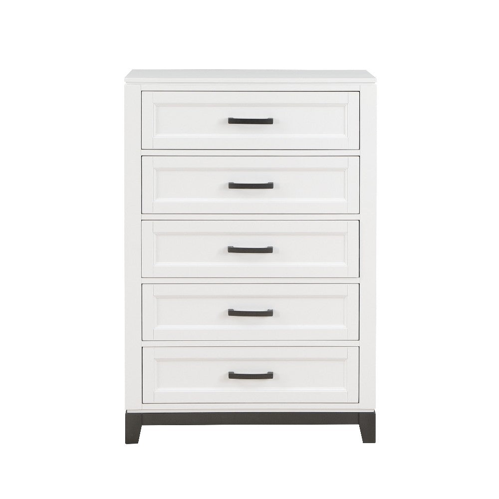 Benjara Thiem 51 Inch Tall Dresser Chest with 5 Drawers, Black Handles, White Wood