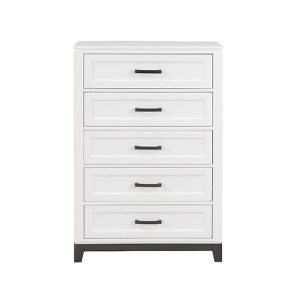 Benjara Thiem 51 Inch Tall Dresser Chest with 5 Drawers, Black Handles, White Wood