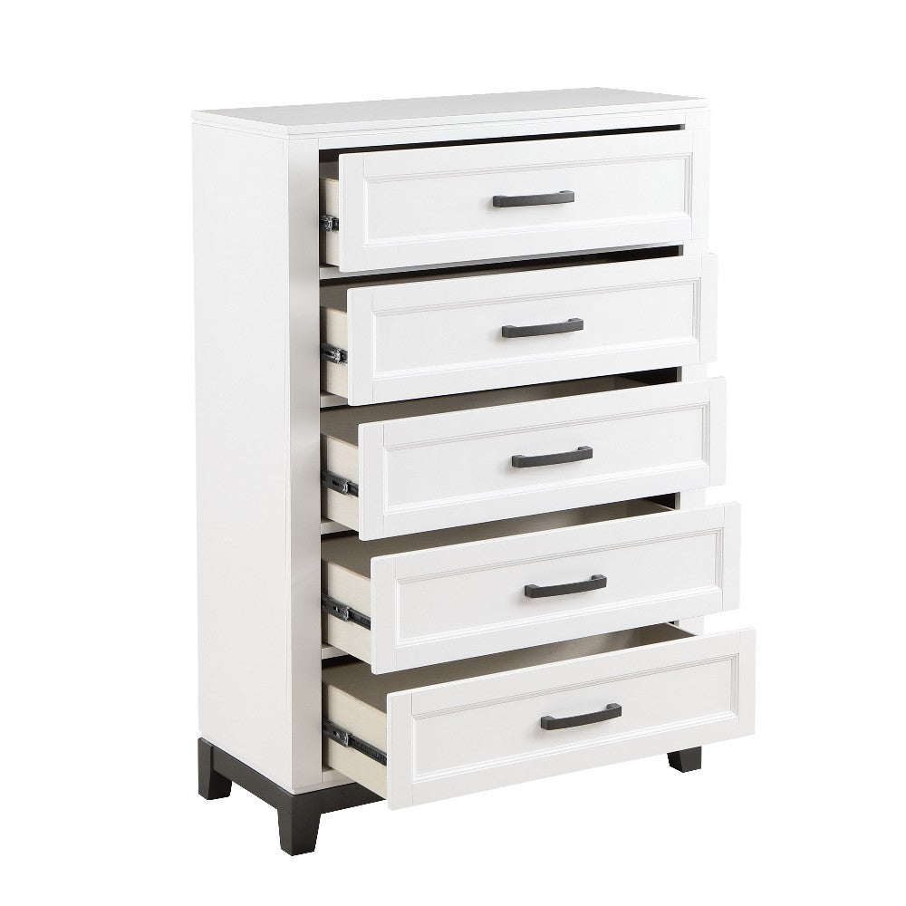 Benjara Thiem 51 Inch Tall Dresser Chest with 5 Drawers, Black Handles, White Wood